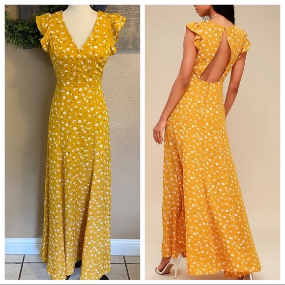 NWOT Lulus Fresh Picked Mustard Yellow Floral Print Backless Maxi Dress - Picture 1 of 15